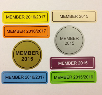 Rectangular and round membership labels in a range of colours
