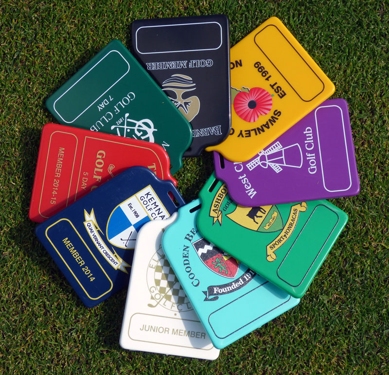 Custom printed golf bag tags in a range of colours